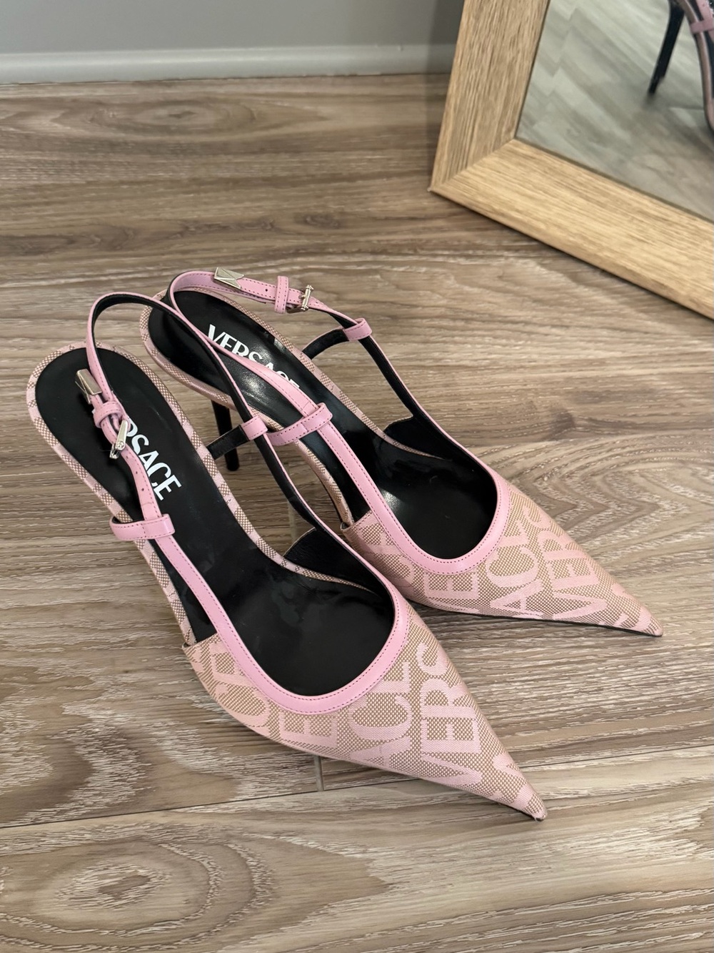 Versace Pink Logo Slingback Pointed-Toe Heels